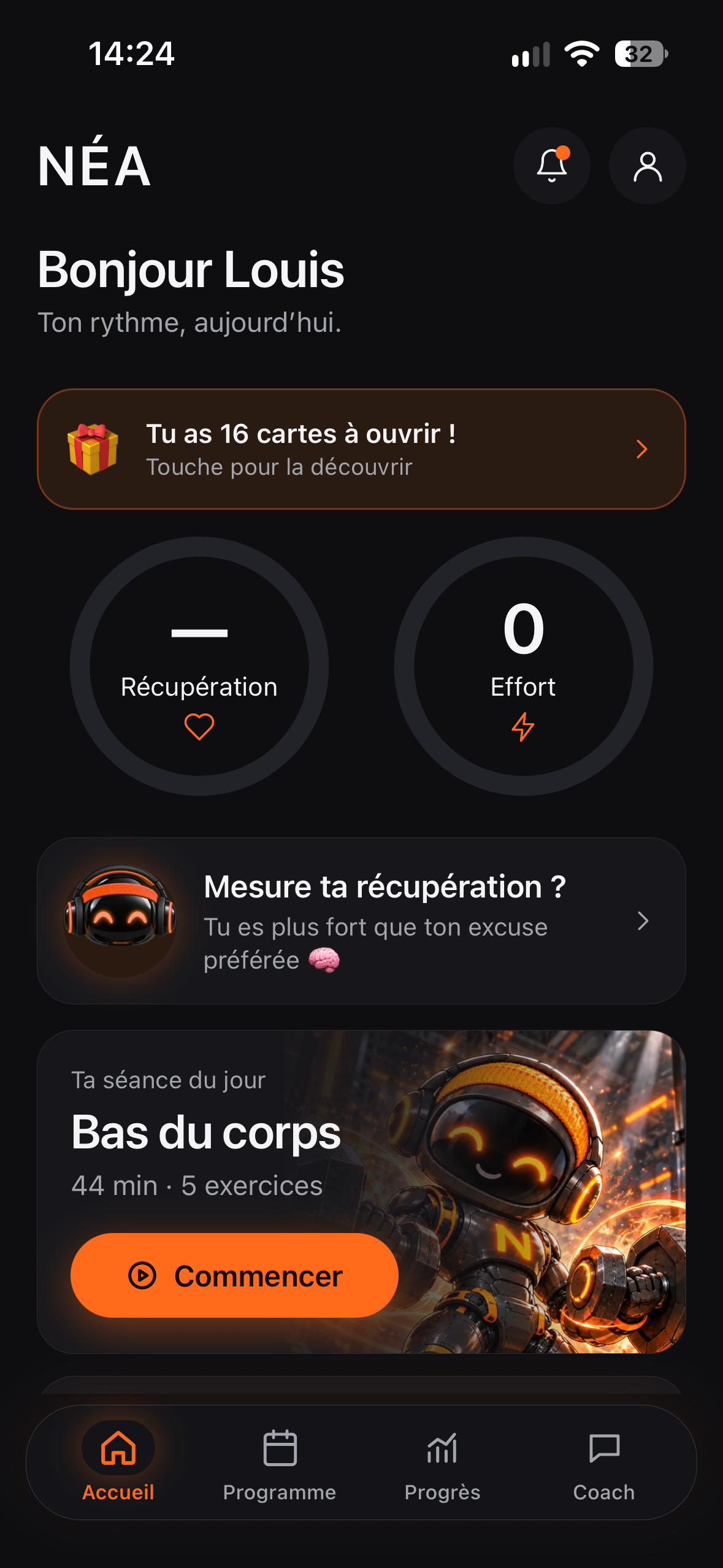 Accueil NÉA : récupération 82 %, effort 64 %, valeurs de démonstration