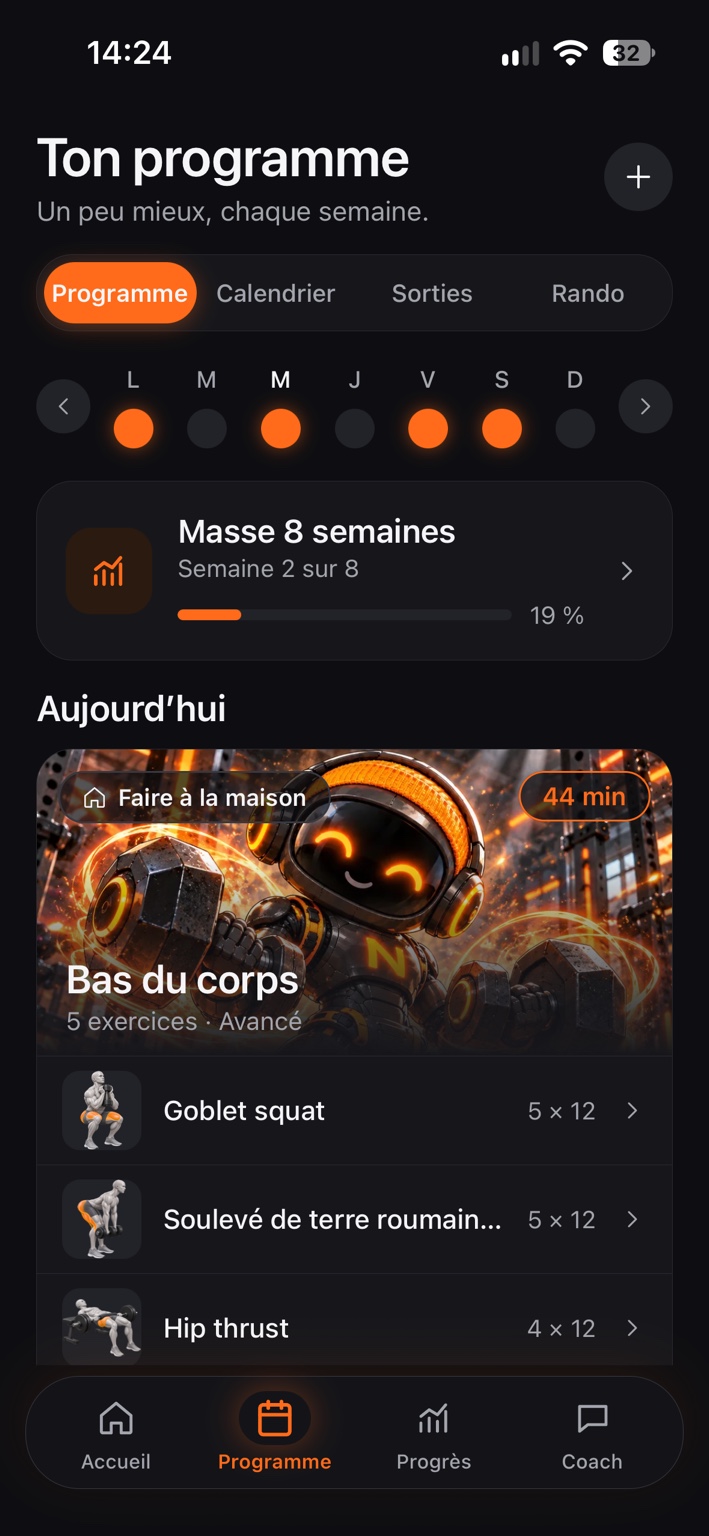 NÉA sur iPhone : programme Masse 8 semaines, progression à 19 % et séance bas du corps