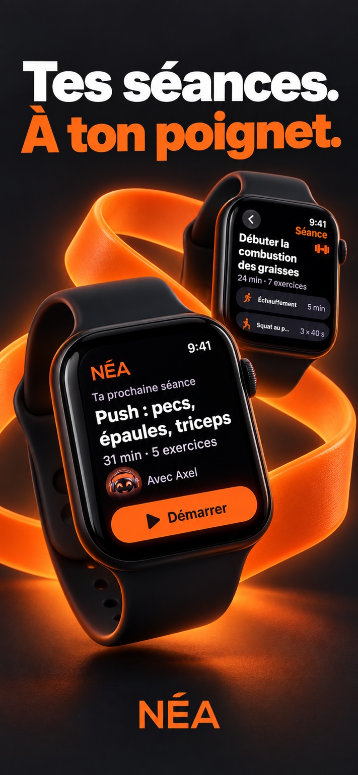 Deux Apple Watch affichant une séance NÉA et le bouton Démarrer